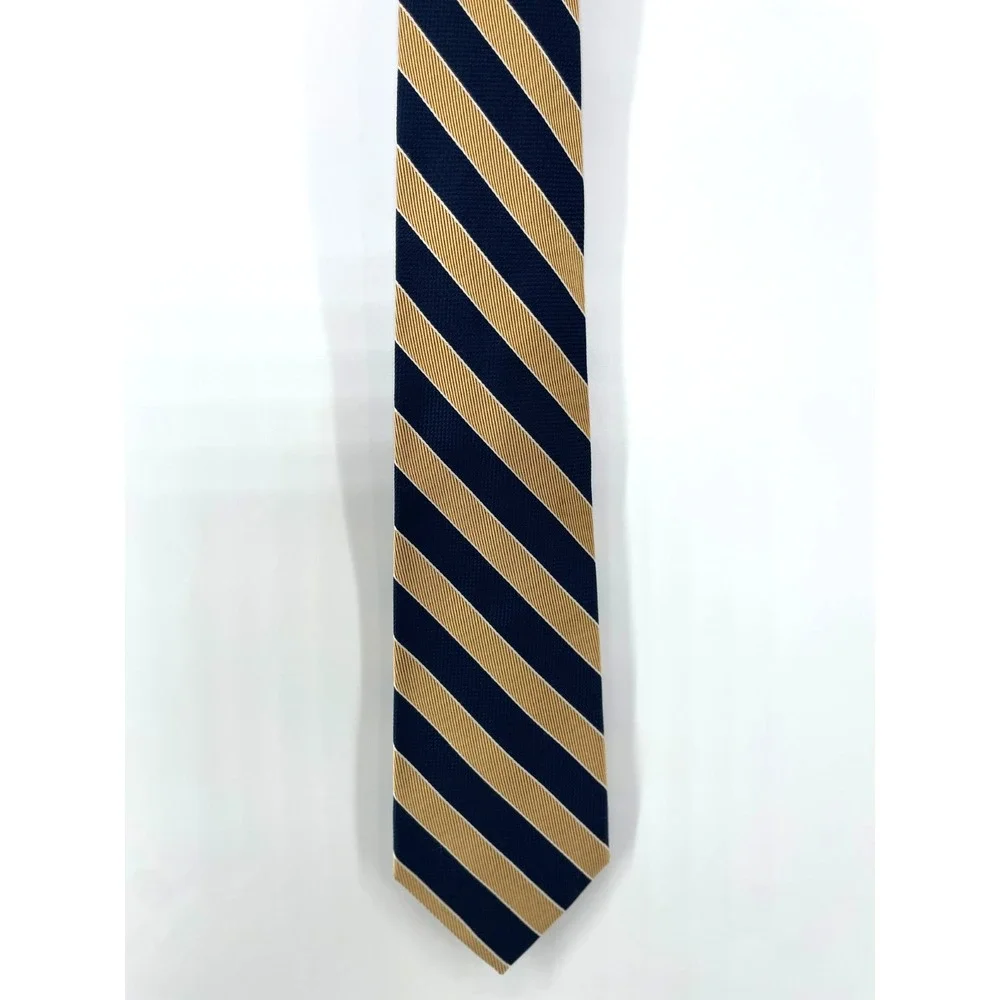 Lands End Repp Tie Neck Stripe Gold Navy Silk USA Made Long Preppy Ivy Diagonal
